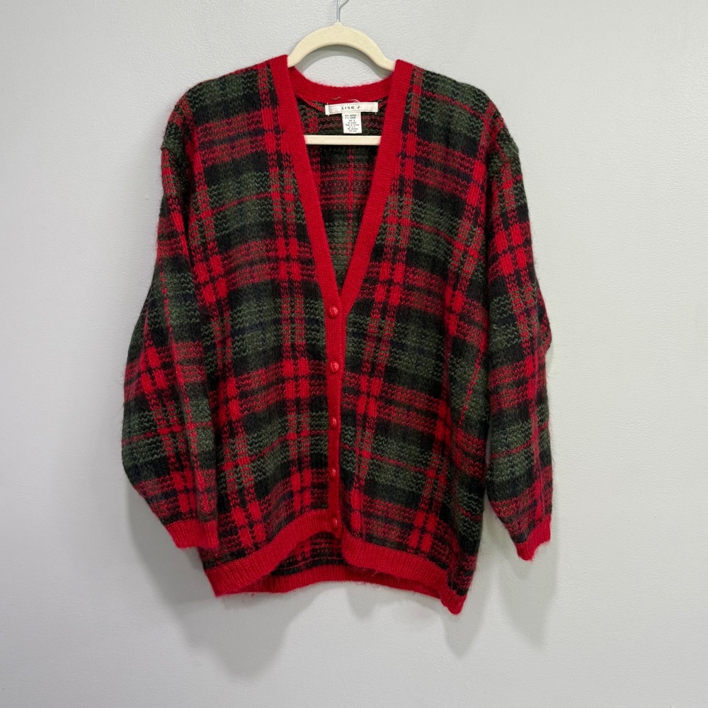 Vtg tartan Mohair Blend Plaid Cardigan Sweater Red Green Large holiday fuzzy